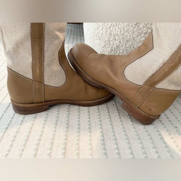 Marc Jacobs Tan Leather Cream Canvas Knee High Riding Boots - Picture 5 of 9